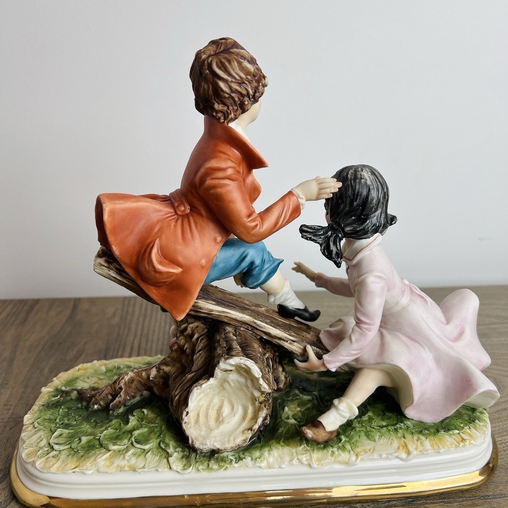 Luxury Vintage Fun Boy Girl Fun Seesaw Porcelain Statue Figure Made In Italy